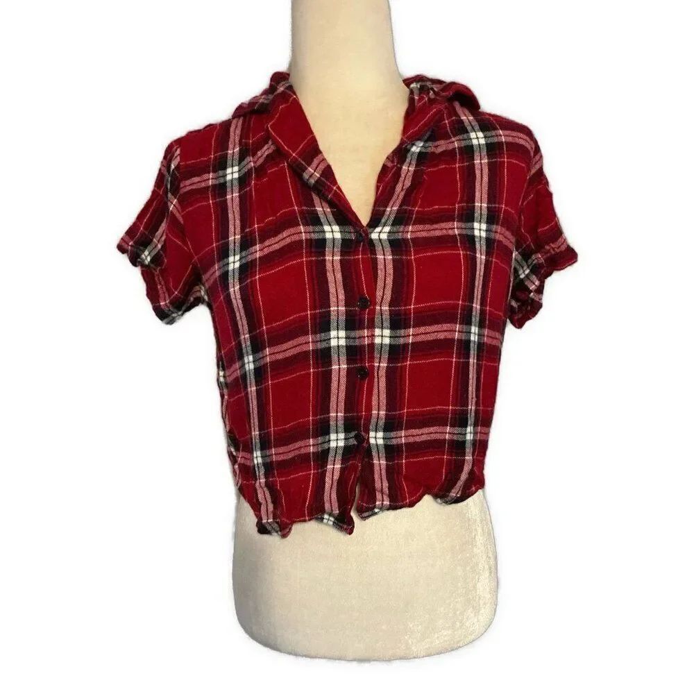 Rails Anthropologie Red White Black Plaid Flannel Short Sleeve Crop Top Xs